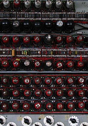 Valves (vacuum tubes) seen on end in a recreation of the Colossus computer