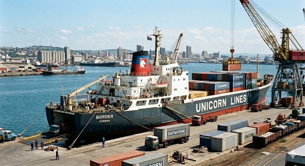 A Gemini Ai generated image of the Unicorn ship the "Border" in Durban Harbour